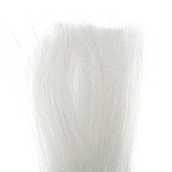 Close-up of white synthetic fishing lure material with subtle pink strands, designed for creating detailed and attractive fishing lures called MFC Scales 'n Tails.