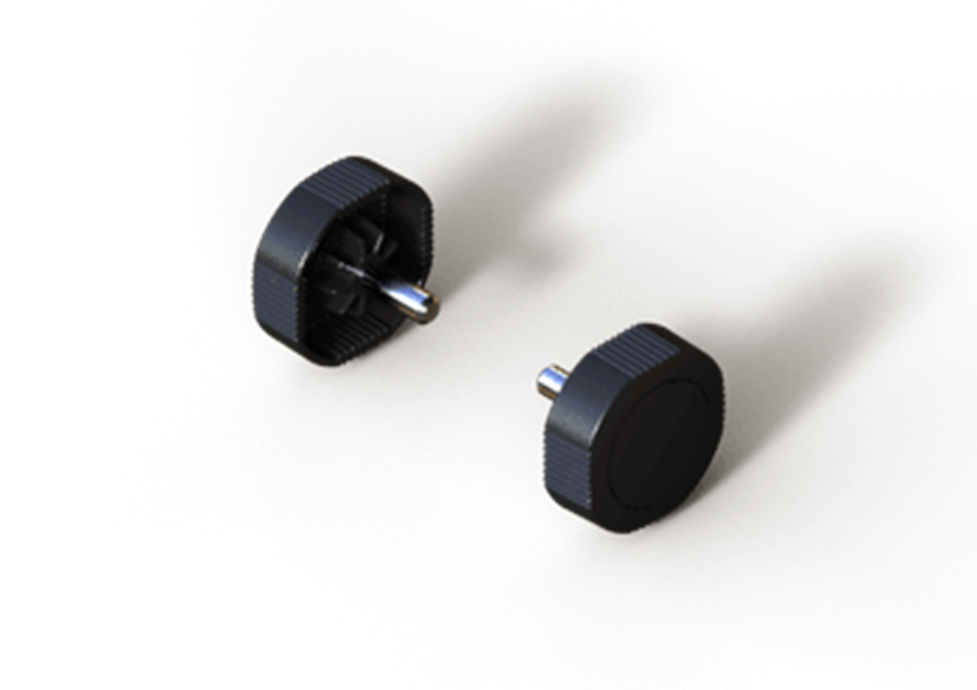 Pair of black Lowrance Gimbal Knobs with textured sides and metal shafts, designed for secure grip and adjustable fit on fishing rod gimbals in marine electronics.