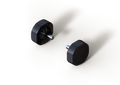 Pair of black Lowrance Gimbal Knobs with textured sides and metal shafts, designed for secure grip and adjustable fit on fishing rod gimbals in marine electronics.