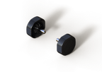 Pair of black Lowrance Gimbal Knobs with textured sides and metal shafts, designed for secure grip and adjustable fit on fishing rod gimbals in marine electronics.