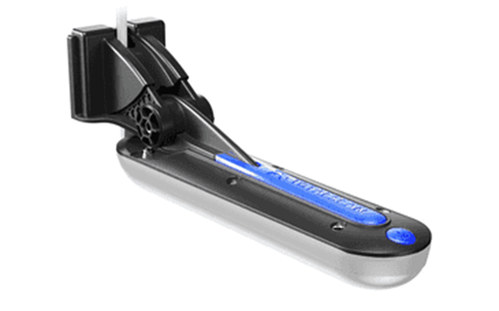 Lowrance Transom Bracket Mounting Hardware in black and gray with blue accent, designed for securely attaching marine electronics to a boat transom.