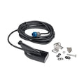 Lowrance 9-pin (Blue Connector) Transducers with black sonar transducer, long coiled cable with blue connector, metal mounting bracket, screws, washers, and nuts for marine electronics setup.