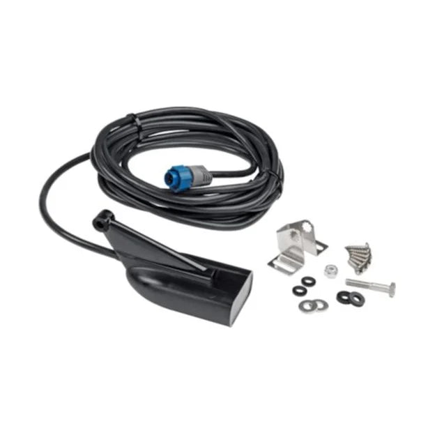 Lowrance 9-pin (Blue Connector) Transducers with black sonar transducer, long coiled cable with blue connector, metal mounting bracket, screws, washers, and nuts for marine electronics setup.