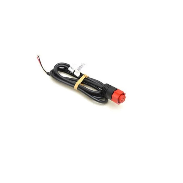 Lowrance Power Cables - Compatible with Blue and Red 10-pin Power Cable Products, showing a black cable coiled with a red 10-pin connector on one end and exposed wiring on the other for marine electronics and fishing tackle use.