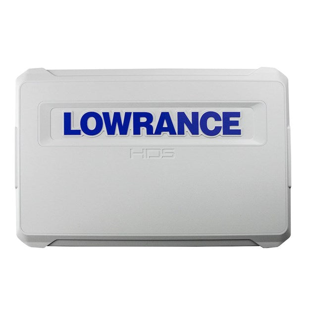 White rectangular protective cover with raised blue lettering spelling Lowrance, designed for marine electronics cases, identified as Lowrance Suncovers.