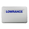 White rectangular protective cover with raised blue lettering spelling Lowrance, designed for marine electronics cases, identified as Lowrance Suncovers.