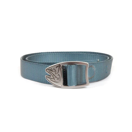 Blue Fishpond Webbing Belt made of durable webbing material with a silver buckle featuring a fish design, suitable for fishing and outdoor activities.