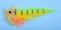 EP Flies Amazon Special fishing lure with vibrant green and yellow body, black stripes, pink and orange feather accents, and realistic eye detail designed for musky fishing.