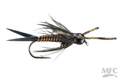 Close-up image of Trina's Montana Prince fishing lure featuring a detailed black and copper body with feathered wings and legs designed for fly fishing and musky tackle.
