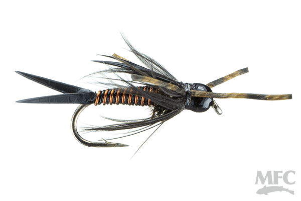 Close-up image of Trina's Montana Prince fishing lure featuring a detailed black and copper body with feathered wings and legs designed for fly fishing and musky tackle.