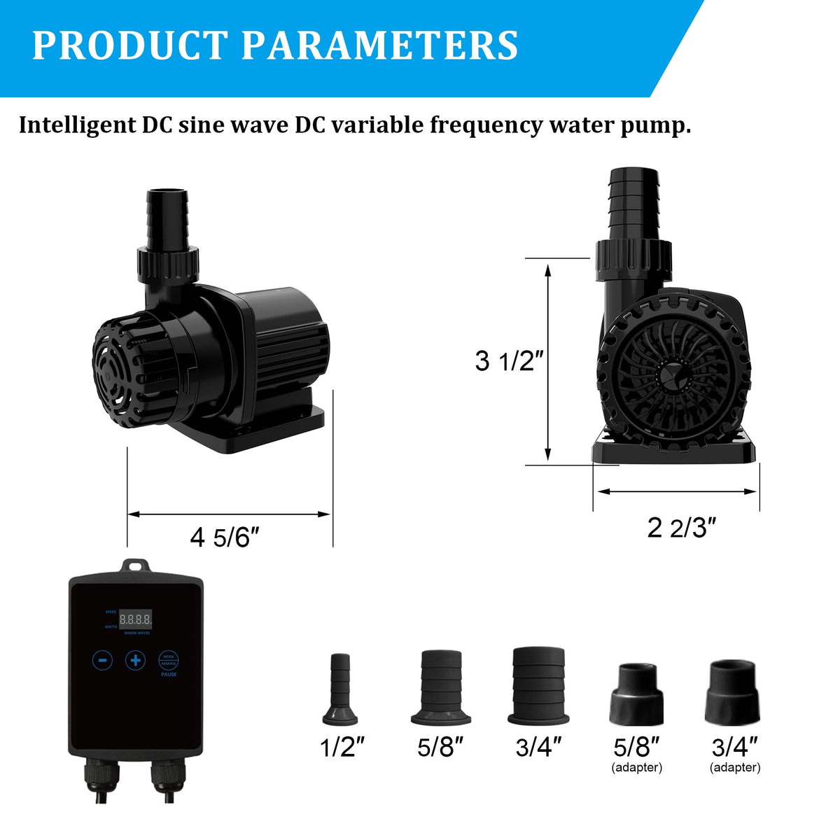 Aqua Dream 528 GPH External & Submersible Water Pump 20W Variable Frequency with External Controller