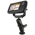 RAM Mounts Drill-Down Ball Mount for Humminbird Helix/Solix showing a black adjustable arm with mounting base supporting a Humminbird sonar fish finder with color display and control buttons.