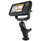 RAM Mounts Drill-Down Ball Mount for Humminbird Helix/Solix showing a black adjustable arm with mounting base supporting a Humminbird sonar fish finder with color display and control buttons.