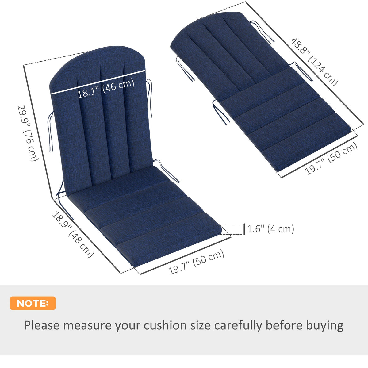 Set of 2 Patio Chair Cushions, High Back Adirondack Chair Cushion with Ties, Navy Blue