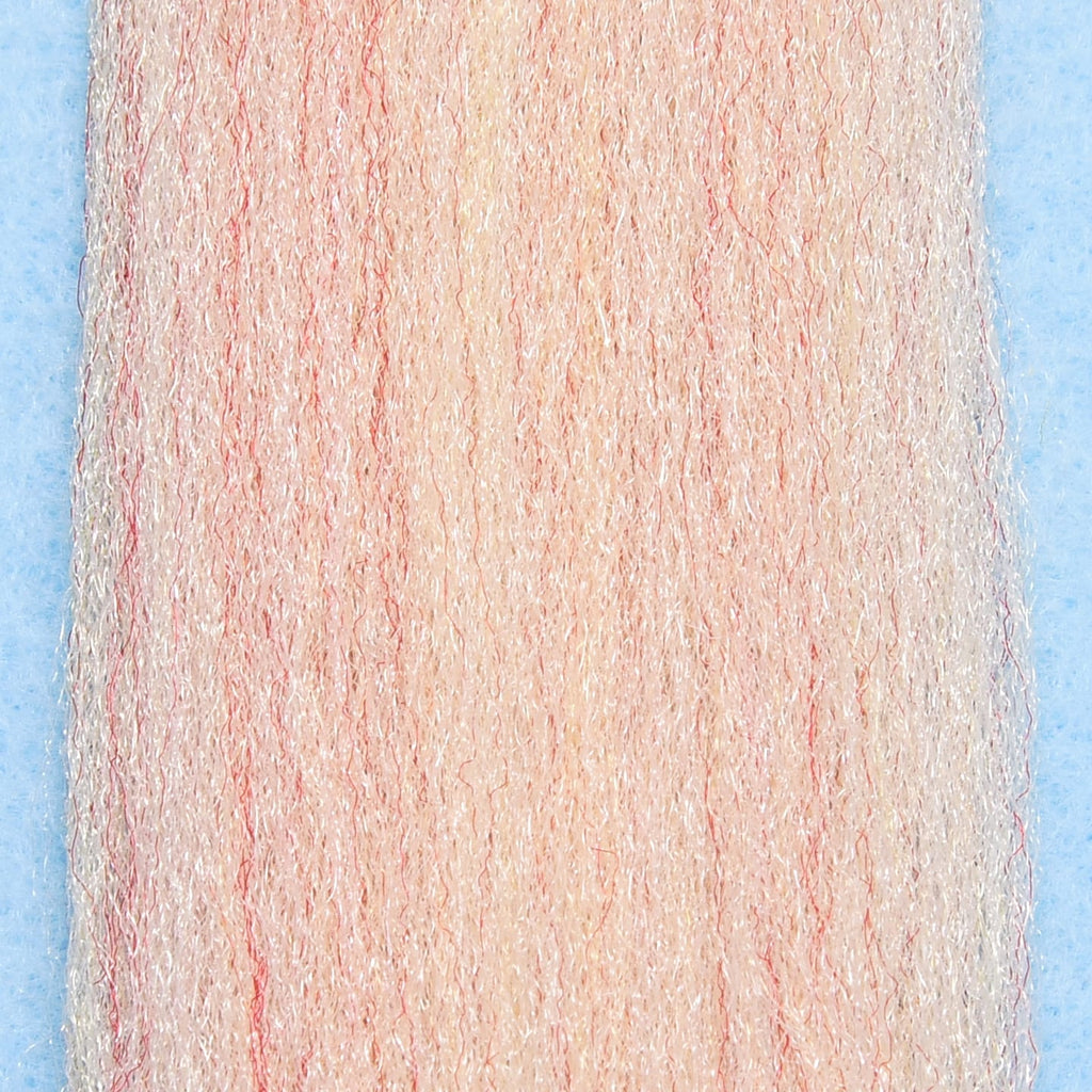 Close-up of light pink and white synthetic fibers with subtle red strands, designed for fishing lure crafting, identified as EP Trigger Point Fibers.