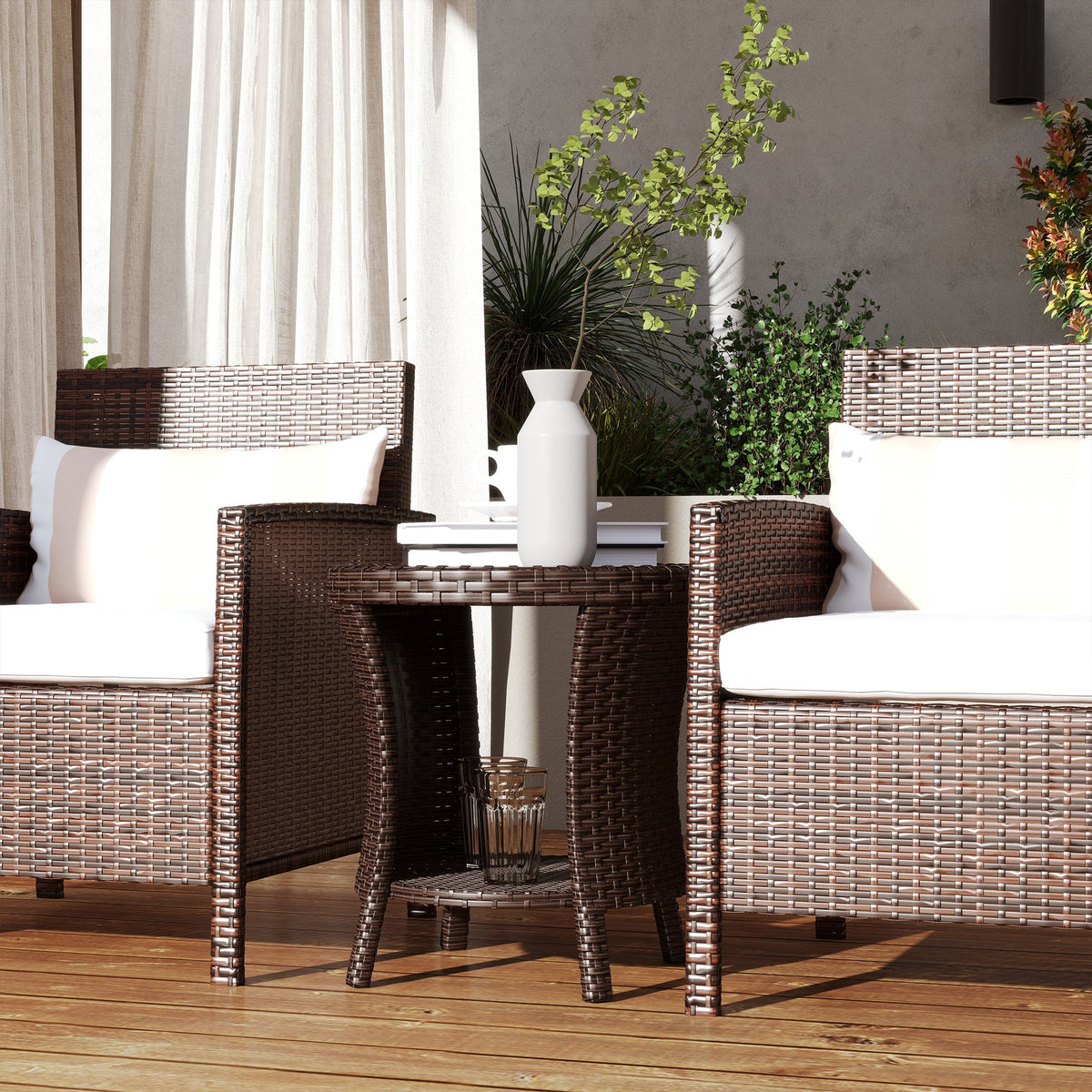 18" Rattan Patio Coffee Table, 2-Tier Outdoor Side Table with Composite Wood Top, Mixed Brown