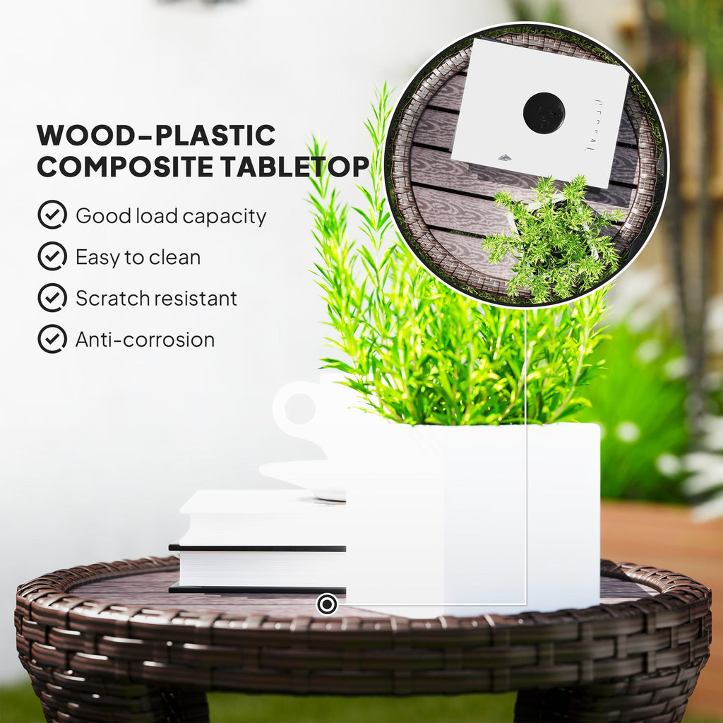 18" Rattan Patio Coffee Table, 2-Tier Outdoor Side Table with Composite Wood Top, Mixed Brown