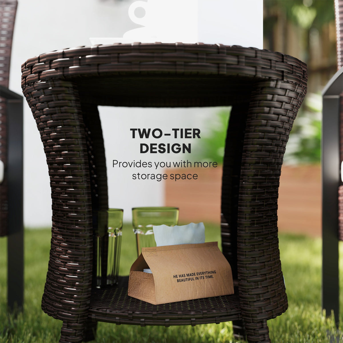 18" Rattan Patio Coffee Table, 2-Tier Outdoor Side Table with Composite Wood Top, Mixed Brown