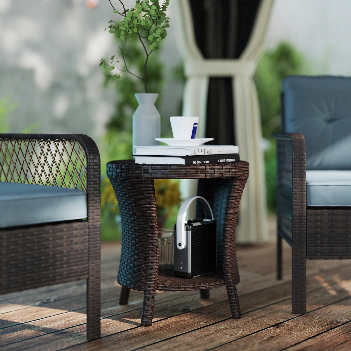 18" Rattan Patio Coffee Table, 2-Tier Outdoor Side Table with Composite Wood Top, Mixed Brown