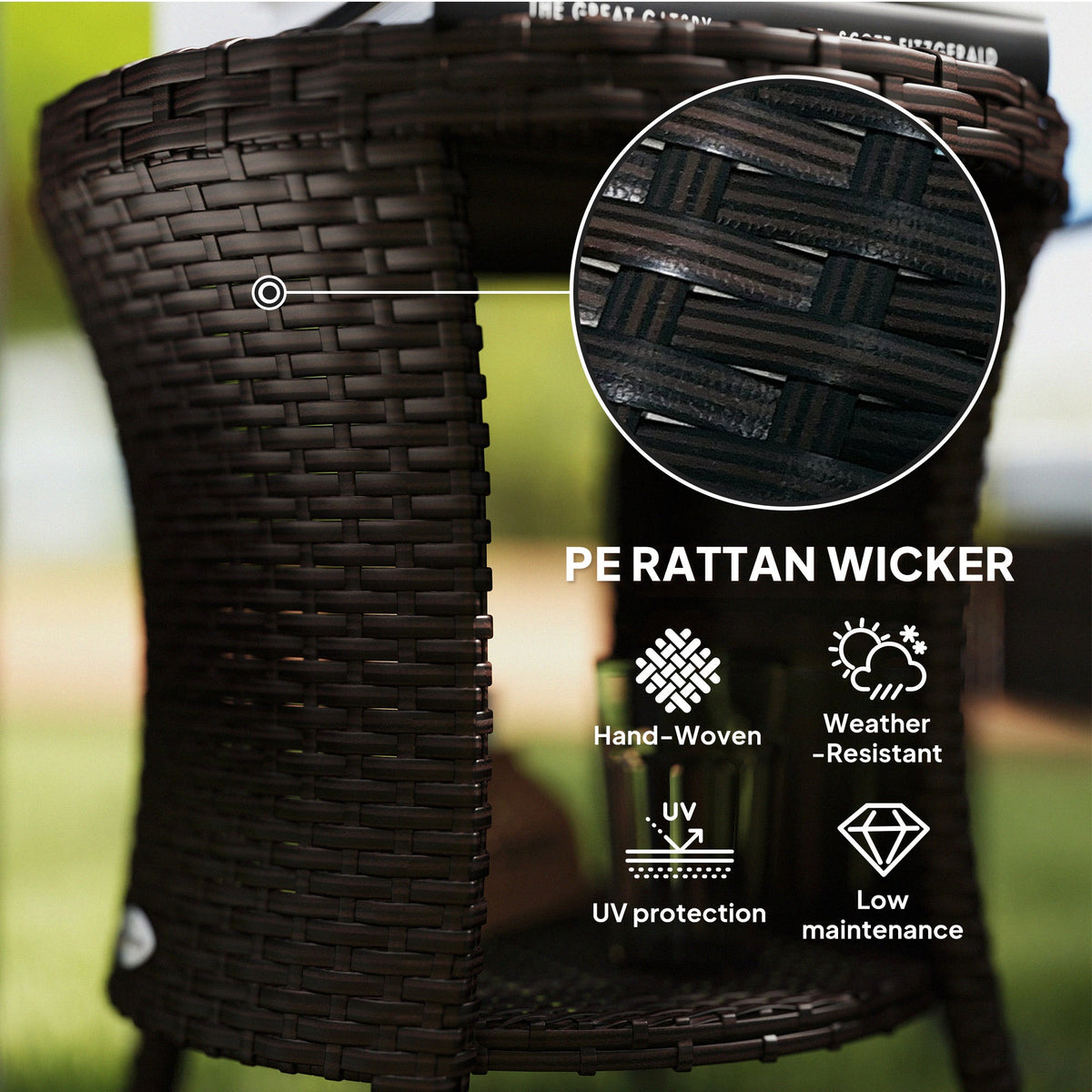 18" Rattan Patio Coffee Table, 2-Tier Outdoor Side Table with Composite Wood Top, Mixed Brown