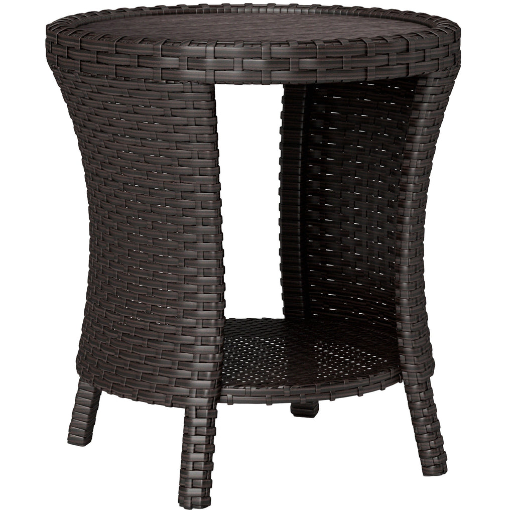 18" Rattan Patio Coffee Table, 2-Tier Outdoor Side Table with Composite Wood Top, Mixed Brown
