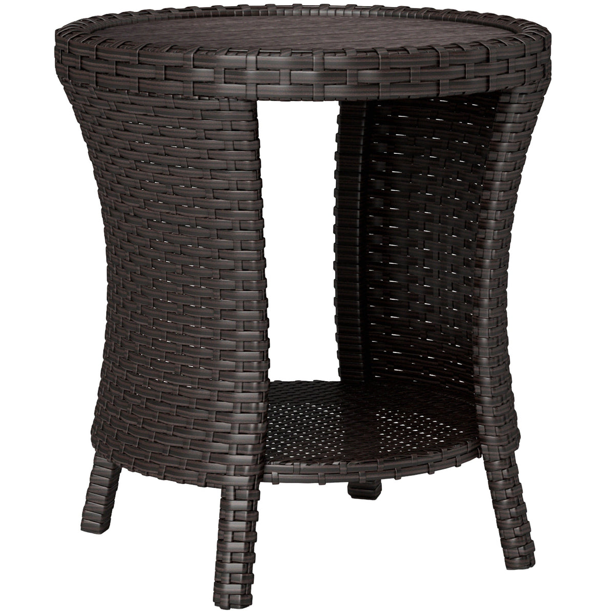 18" Rattan Patio Coffee Table, 2-Tier Outdoor Side Table with Composite Wood Top, Mixed Brown