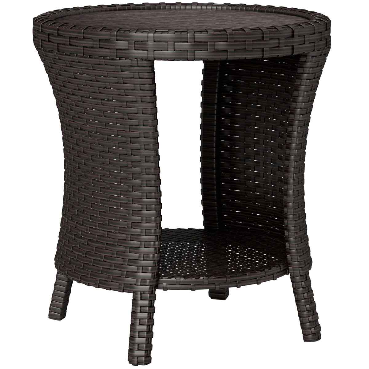 18" Rattan Patio Coffee Table, 2-Tier Outdoor Side Table with Composite Wood Top, Mixed Brown