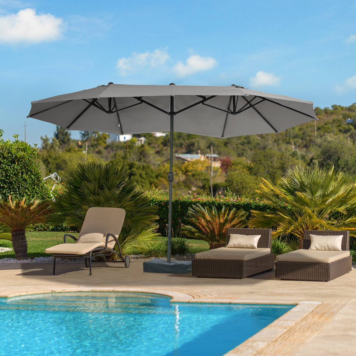 15' Rectangular Outdoor Umbrella Double Sided with UV Protection & Easy Crank, Dark Gray
