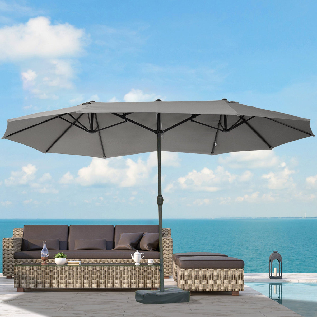15' Rectangular Outdoor Umbrella Double Sided with UV Protection & Easy Crank, Dark Gray