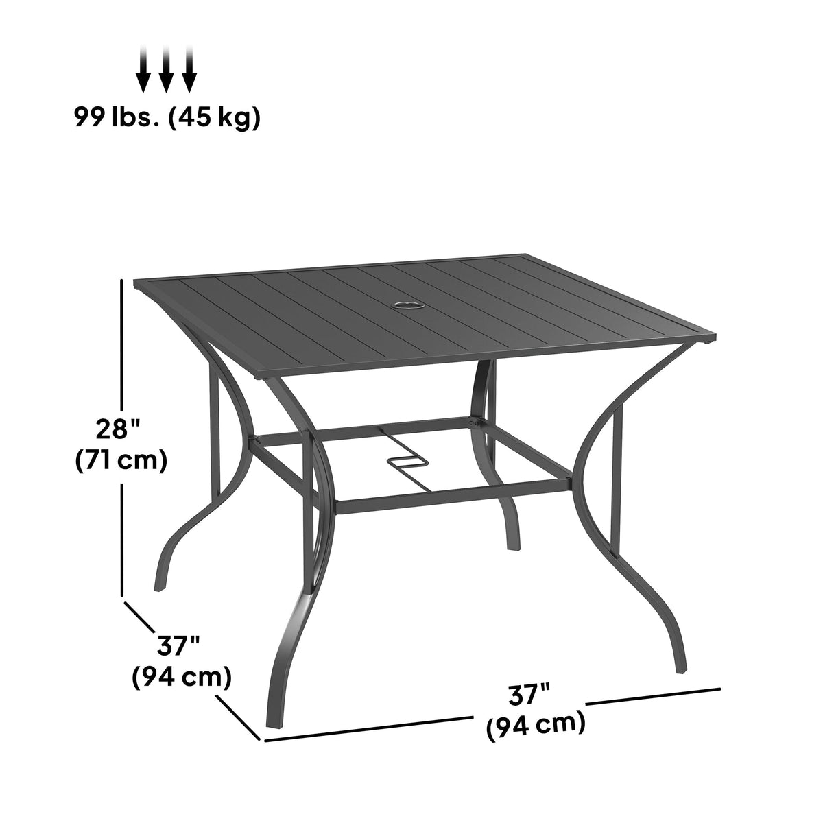 Outdoor Patio Dining Table with Umbrella Hole & Slatted Metal Top for Backyard, Dark Grey