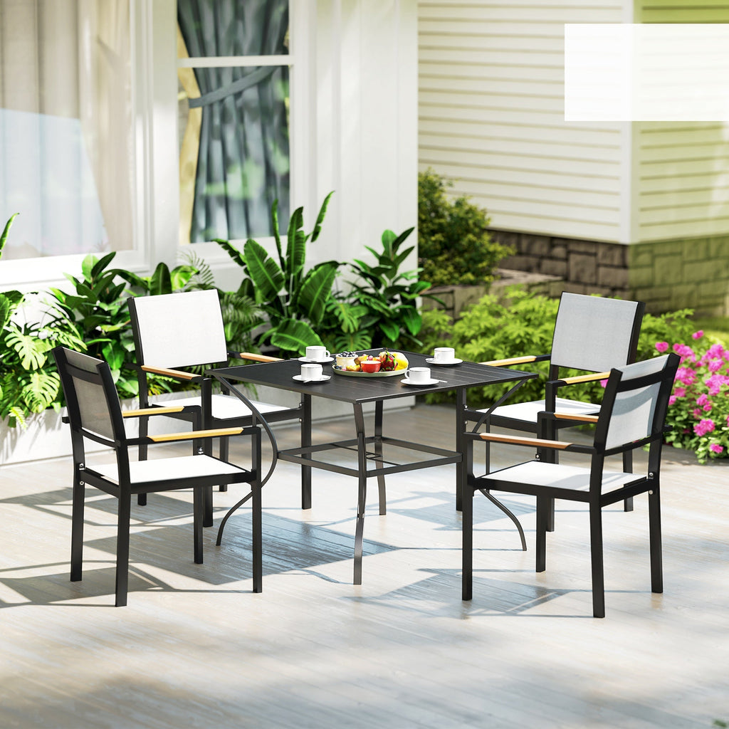 Outdoor Patio Dining Table with Umbrella Hole & Slatted Metal Top for Backyard, Dark Grey