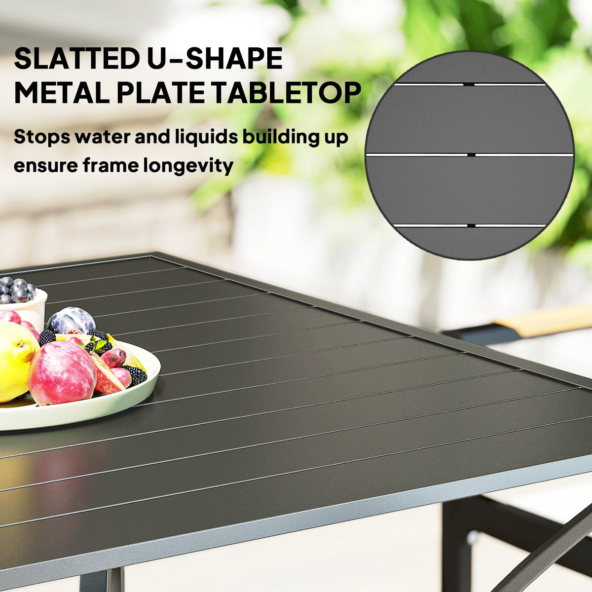 Outdoor Patio Dining Table with Umbrella Hole & Slatted Metal Top for Backyard, Dark Grey