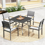 Outdoor Patio Dining Table with Umbrella Hole & Slatted Metal Top for Backyard, Dark Grey