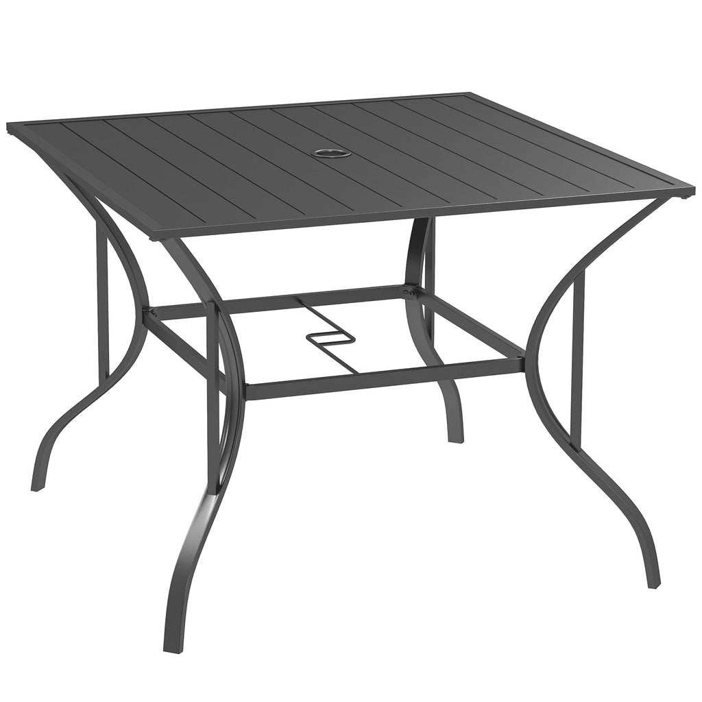 Outdoor Patio Dining Table with Umbrella Hole & Slatted Metal Top for Backyard, Dark Grey