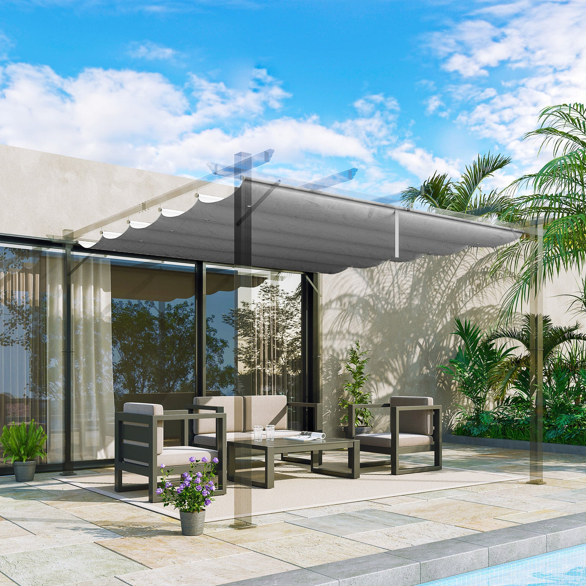 Retractable Pergola Shade Cover, Replacement Canopy Fabric for 3 x 3m Pergola, Light Grey