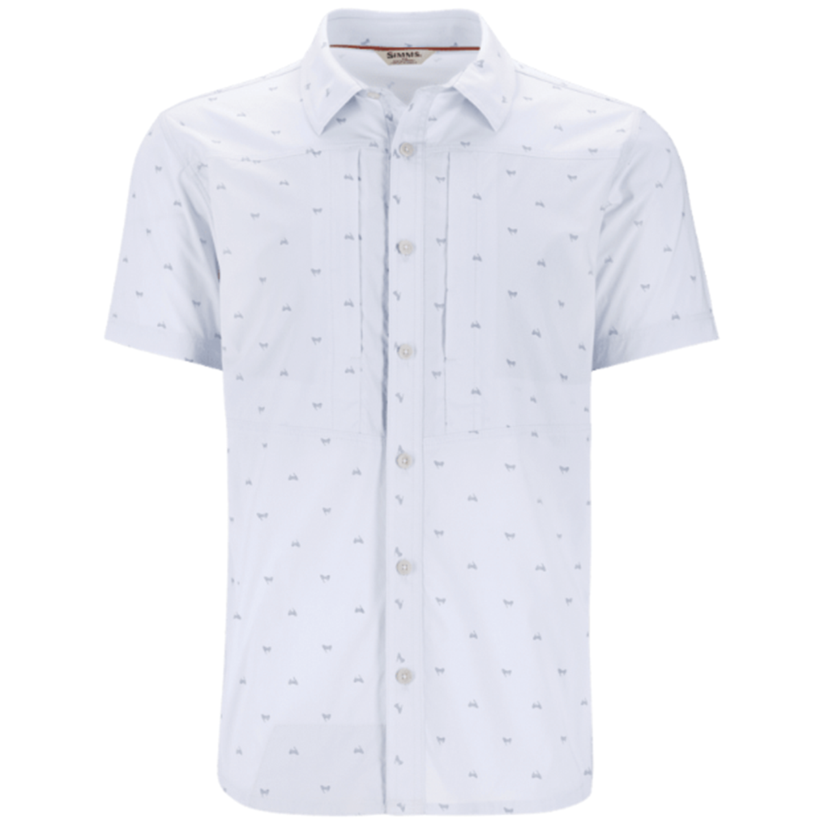 Simms Stone Cold SS Shirt - Men's, short-sleeve white fishing shirt with subtle all-over small pattern, button-front, and chest pockets designed for comfort and functionality.