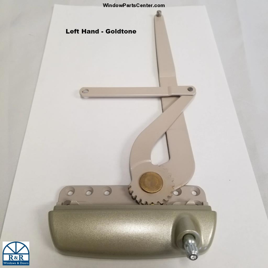 Hurd Amesbury Truth Maxim DLX Casement Dual Arm Operator. Color Goldtone. Left Hand Known Part Numbers: 36-368-2, 101, 090937, 010724, 010723, 090938, 010725, 010722, 41012. 