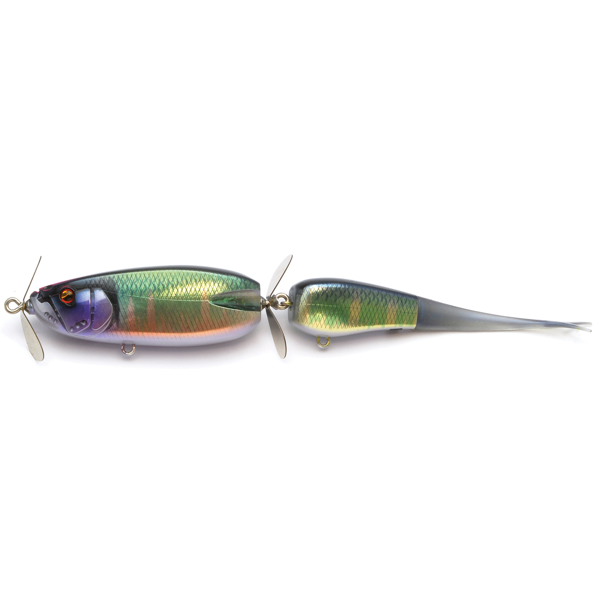 Raid Double Header (JDM) double swimbait fishing lure with lifelike green and purple bass colors and rotating blades for freshwater fishing tackle