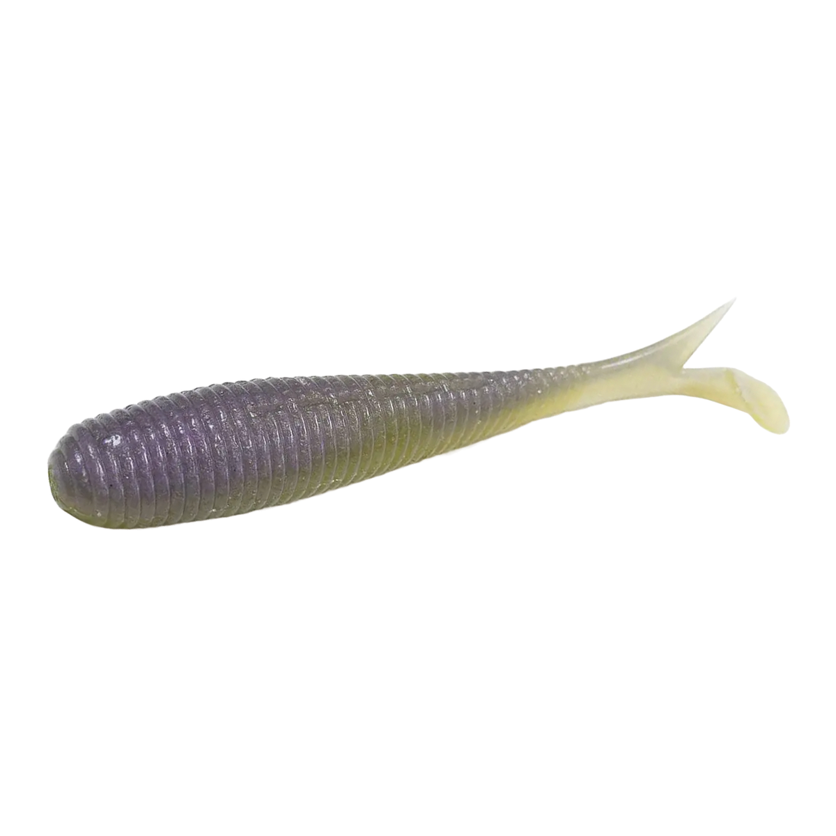 DRT Cramp Shad 4.5" FAT soft plastic fishing lure with ribbed purple and yellow body designed for effective freshwater fishing tackle use.