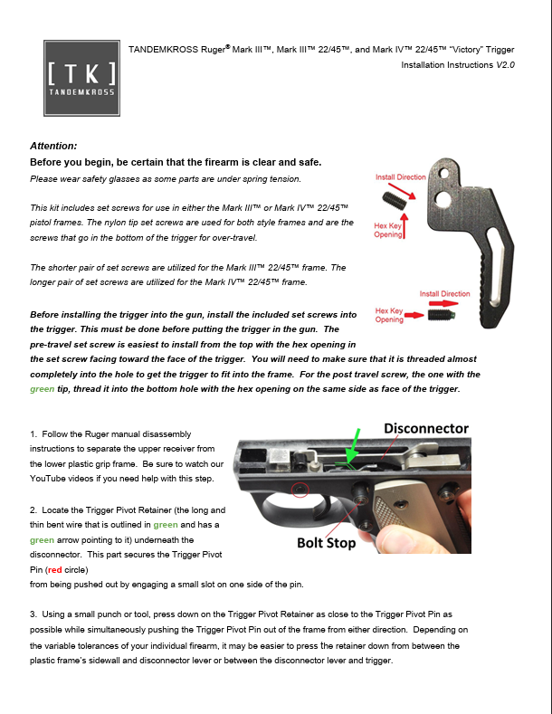 TANDEMKROSS Victory Trigger for Ruger Mark III & Mark IV 22/45