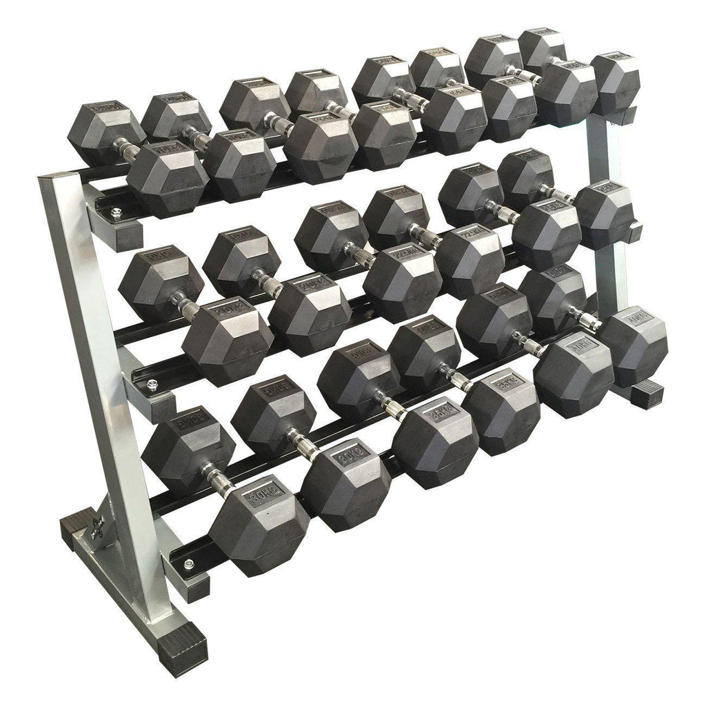 Muscle Motion Rubber Hex Dumbbell Set 10kg–40kg (10 Pairs) with 3-Tier Rack
