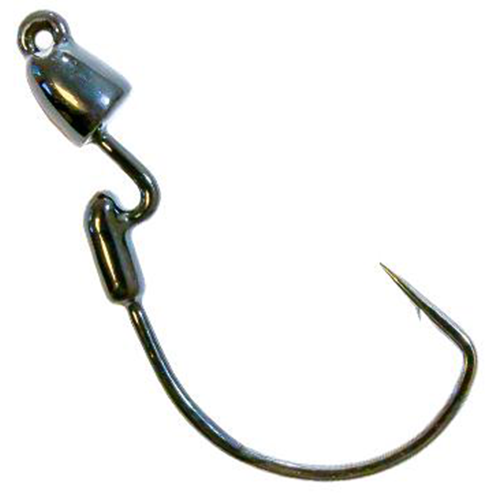 Close-up image of a single metallic fishing hook with a weighted head and swivel attachment, designed for use with the Z-Man Finesse Bullitz fishing lure.