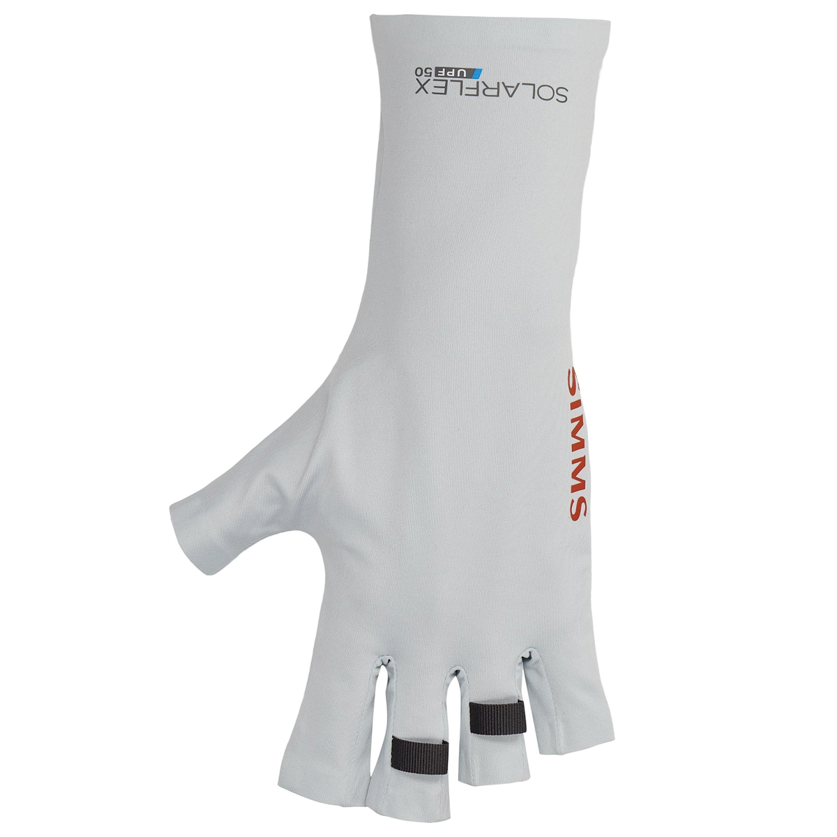 Simms SolarFlex Sun Gloves in light gray with fingerless design and adjustable wrist closures for sun protection while fishing