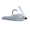 Beast Coast Working Man's Swim Jig featuring a white skirt with iridescent strands, a sharp black hook, and a detailed jig head designed for effective fishing tackle use.