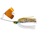 Jackall Derabuzz Buzzbait lure with a gold-colored blade, blue and yellow head, and multi-colored skirt designed for musky fishing tackle.