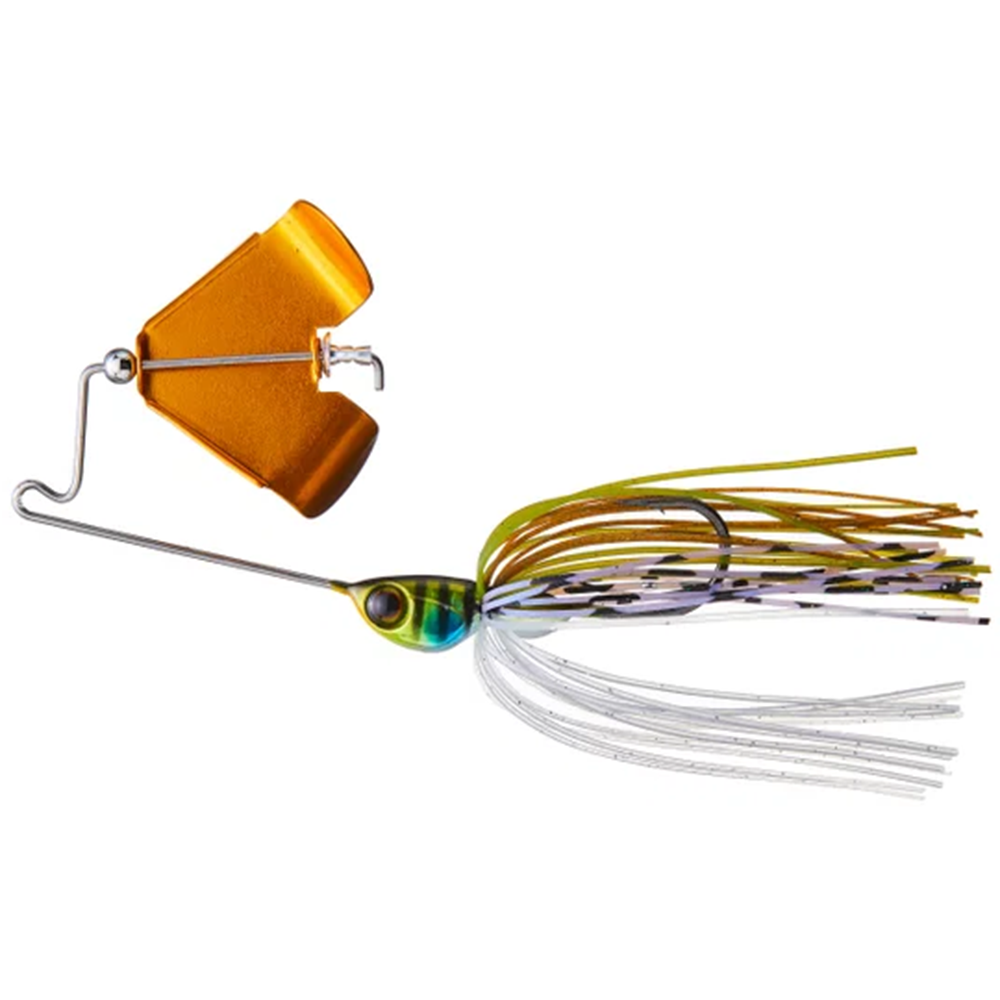 Jackall Derabuzz Buzzbait lure with a gold-colored blade, blue and yellow head, and multi-colored skirt designed for musky fishing tackle.