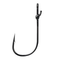 Close-up of a black metal Mustad Grip-Pin Max Flipping Hook featuring a sharp point and specialized grip pin for secure fishing tackle use.