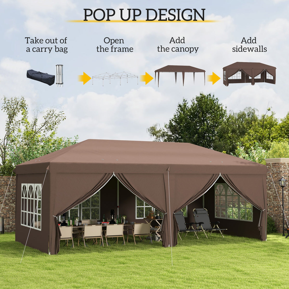 3 x 6m Garden Pop Up Gazebo, Wedding Party Tent with Sidewalls, Windows, Carry Bag, Brown