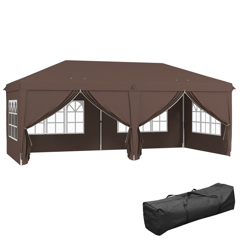 3 x 6m Garden Pop Up Gazebo, Wedding Party Tent with Sidewalls, Windows, Carry Bag, Brown