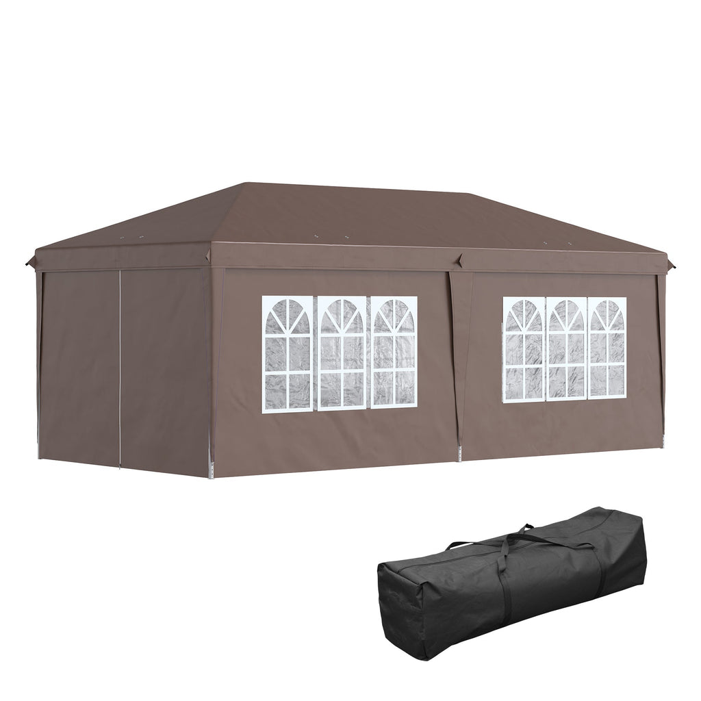 3 x 6m Garden Pop Up Gazebo, Wedding Party Tent with Sidewalls, Windows, Carry Bag, Brown